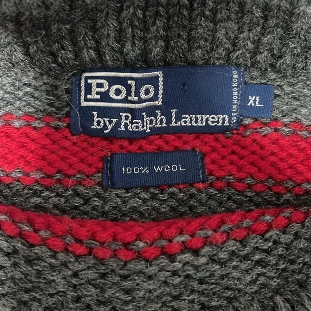Vintage POLO RALPH LAUREN Gray Red Wool CROWN CREST Embroidered SWEATER Mens XL